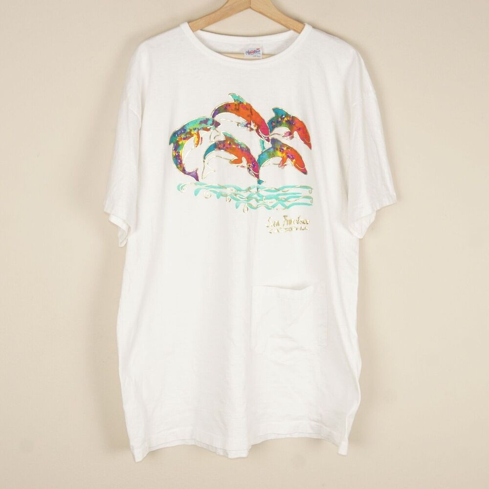 Vintage 90s DORE White Crew Neck Dolphin San Francisco Pocket Shirt Sz OS